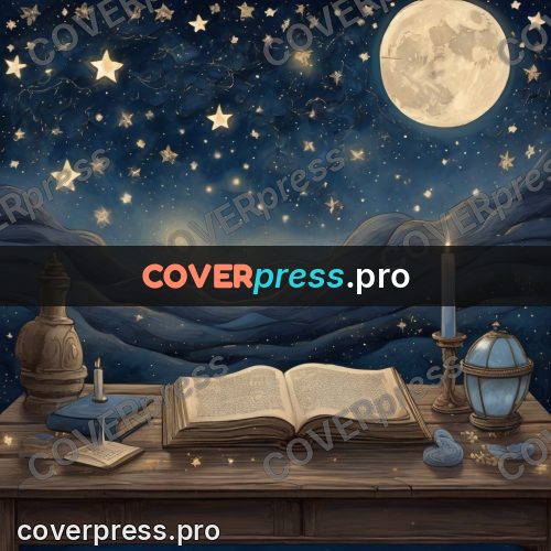 Dreamy illustration: open book under the stars
