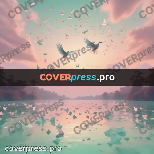 Dreamy illustration: paper cranes over a lake