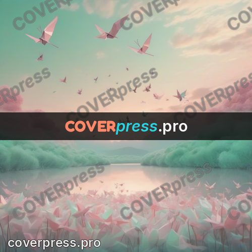 Dreamy illustration: paper cranes over a lake