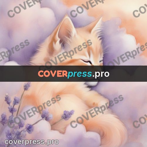 Dreamy illustration: ginger kitten on the clouds