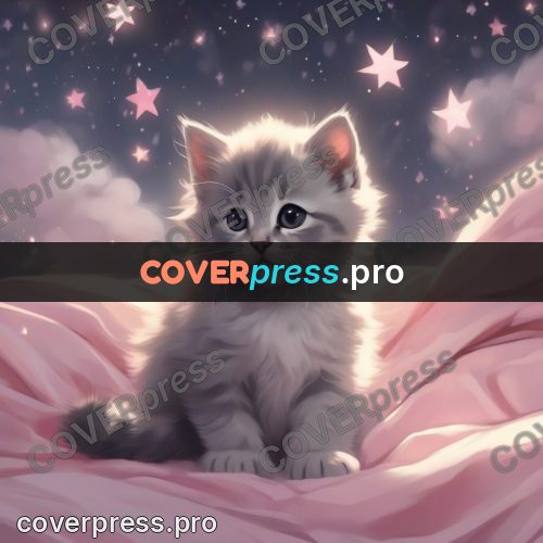 Dreamy illustration: grey kitten on a pink blanket