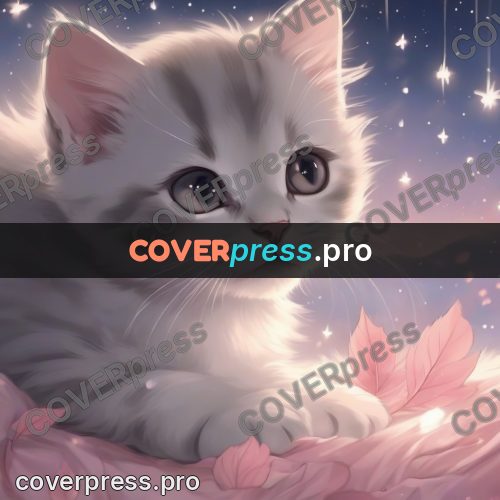 Dreamy illustration: grey kitten on a pink blanket