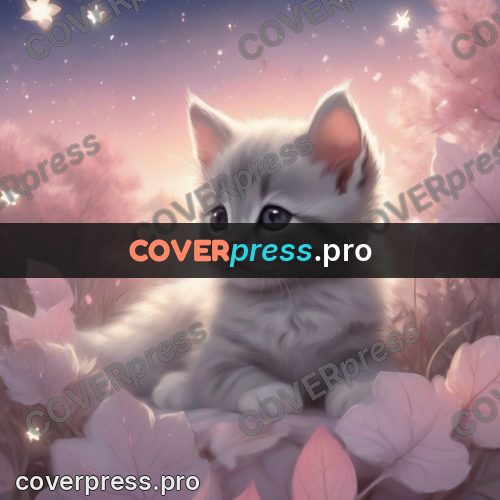 Dreamy illustration: grey kitten on a pink blanket