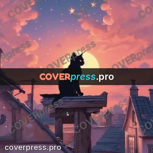 Dreamy illustration: cat on a roof at sunset