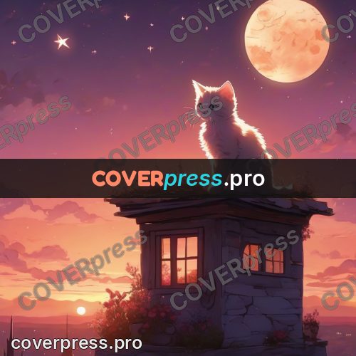 Dreamy illustration: cat on a roof at sunset