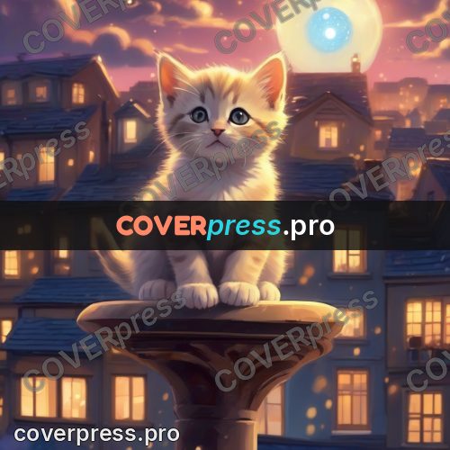 Dreamy illustration: kitten on a roof at night
