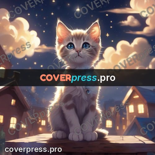 Dreamy illustration: kitten on a roof at night