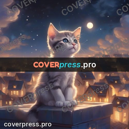 Dreamy illustration: kitten on a roof at night