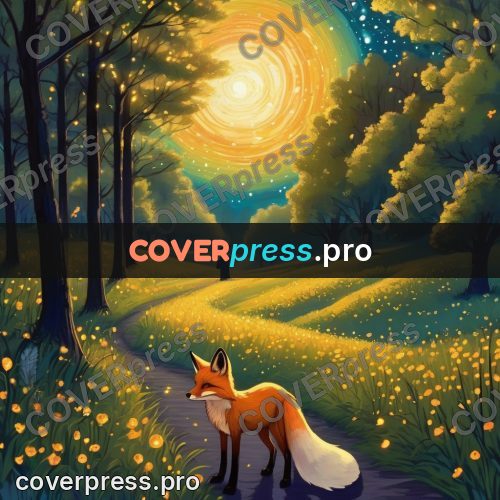 Dreamy illustration: forest path with fireflies