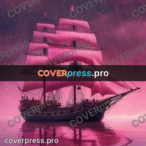Dreamy illustration: sailing ship with pink sails