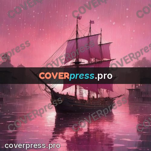 Dreamy illustration: sailing ship with pink sails