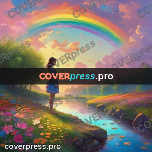 Dreamy illustration: rainbow over a river and flowers
