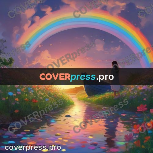 Dreamy illustration: rainbow over a river and flowers