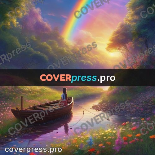 Dreamy illustration: rainbow over a river and flowers