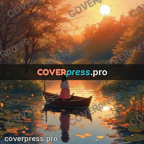 Dreamy illustration: boat on a river at sunset