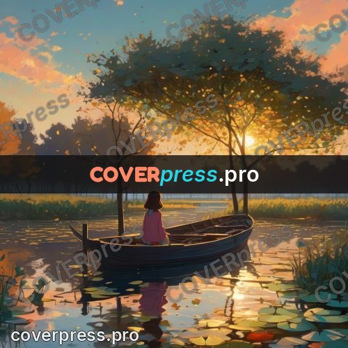 Dreamy illustration: boat on a river at sunset