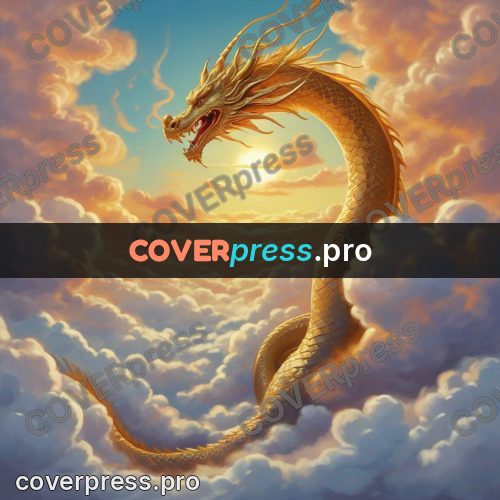 Dreamy illustration: gold dragon above the clouds