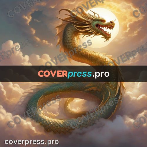 Dreamy illustration: gold dragon above the clouds
