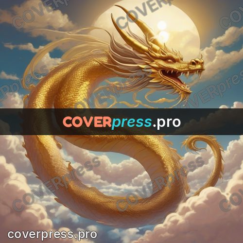 Dreamy illustration: gold dragon above the clouds