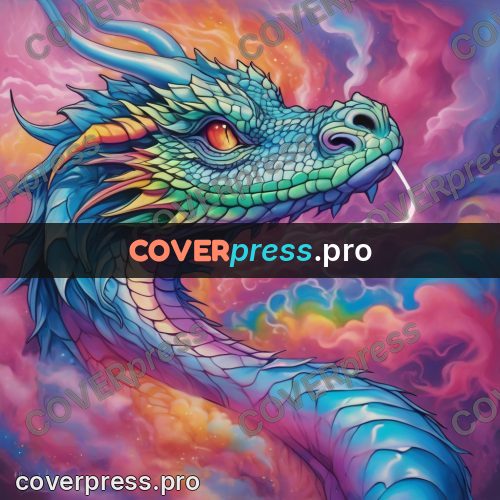 Dreamy illustration: bright dragon in the clouds