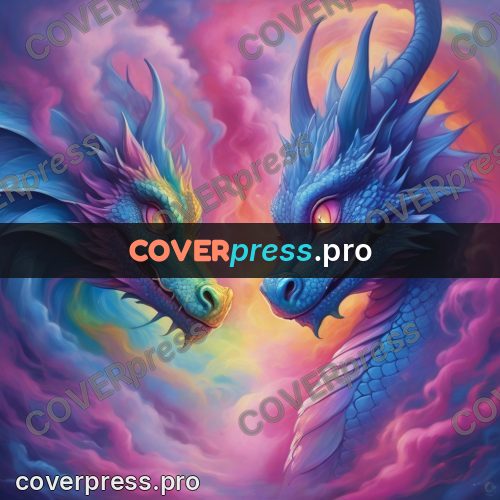 Dreamy illustration: bright dragon in the clouds