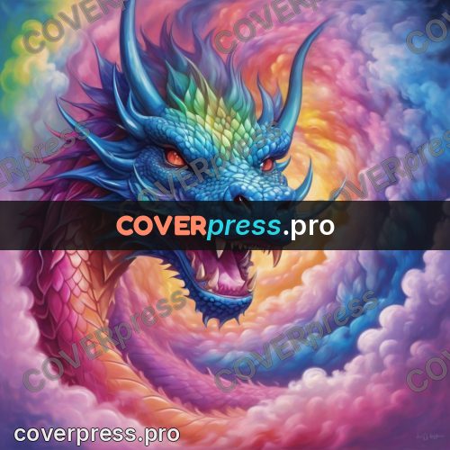 Dreamy illustration: bright dragon in the clouds