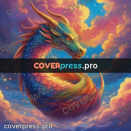 Dreamy illustration: rainbow dragon among clouds