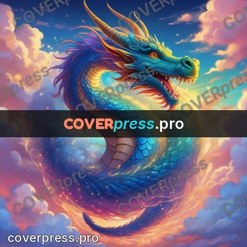 Dreamy illustration: rainbow dragon among clouds