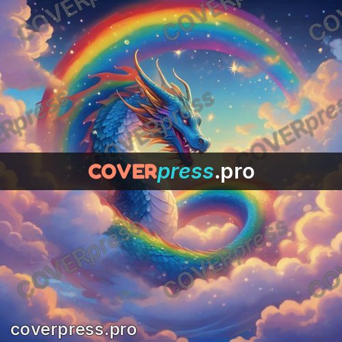 Dreamy illustration: rainbow dragon among clouds