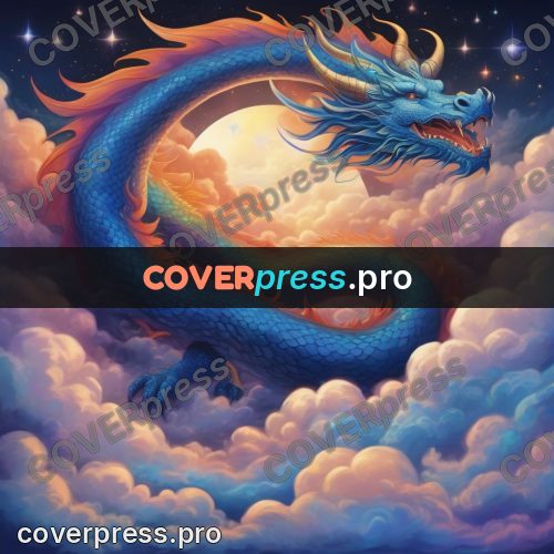 Dreamy illustration: blue dragon in night clouds
