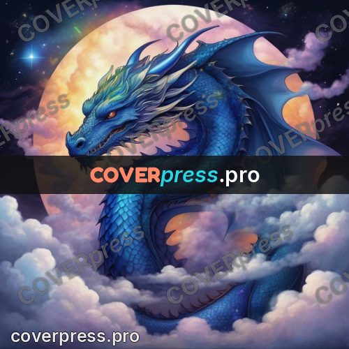 Dreamy illustration: blue dragon in night clouds