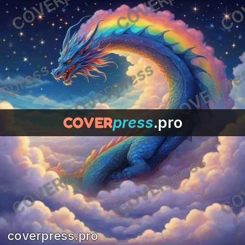 Dreamy illustration: blue dragon in night clouds