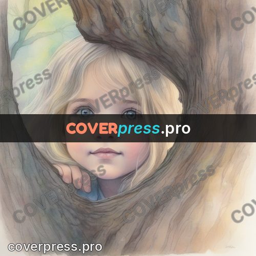 Dreamy illustration: girl by a tree trunk