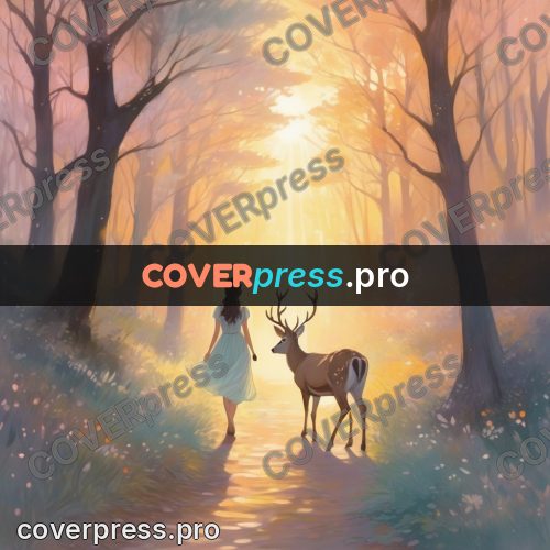 Dreamy illustration: girl and deer on a path