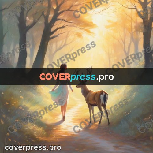 Dreamy illustration: girl and deer on a path