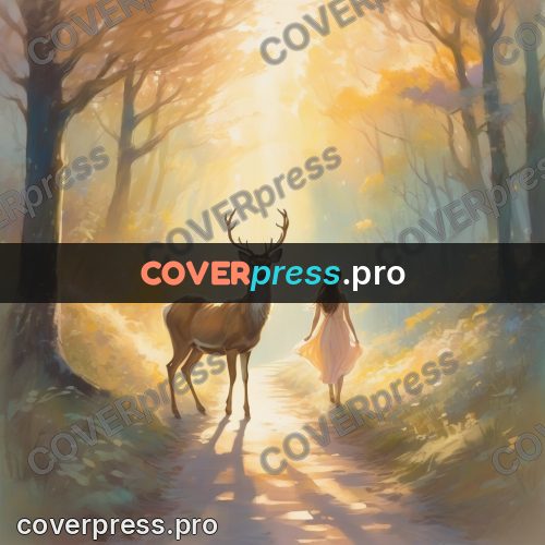 Dreamy illustration: girl and deer on a path