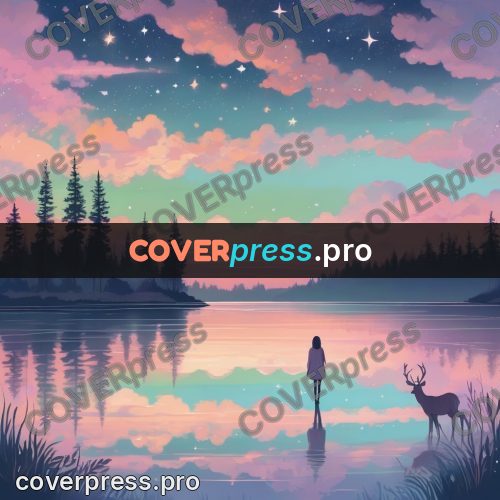 Dreamy illustration: deer by a lake at sunset
