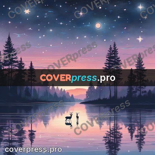 Dreamy illustration: deer by a lake at sunset