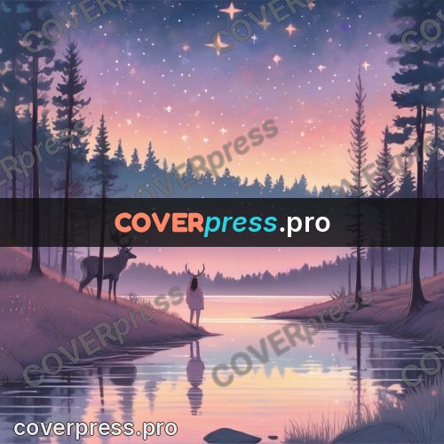 Dreamy illustration: deer by a lake at sunset