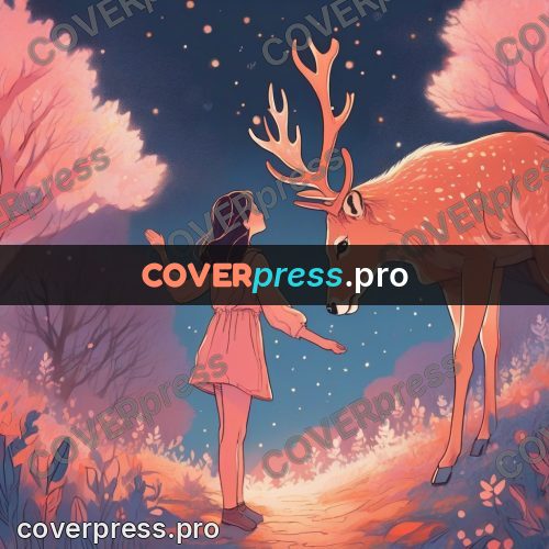 Dreamy illustration: girl touching a deer
