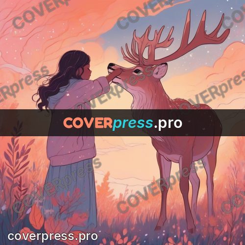 Dreamy illustration: girl touching a deer