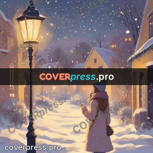 Dreamy illustration: girl under a snowy lamp