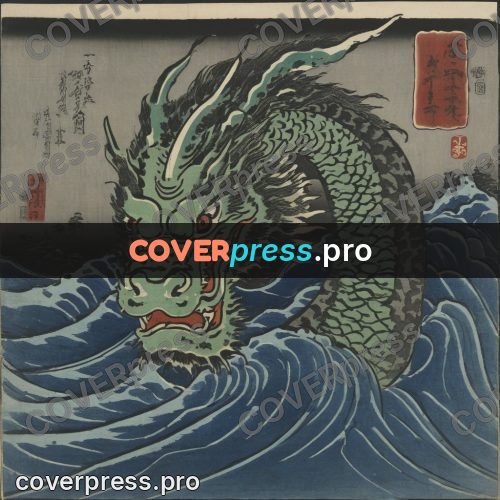 Ukiyo-e artwork: green dragon in the waves
