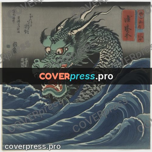 Ukiyo-e artwork: green dragon in the waves
