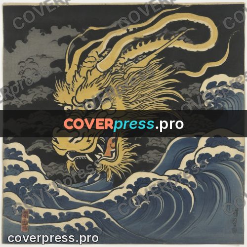Ukiyo-e artwork: golden dragon above the water