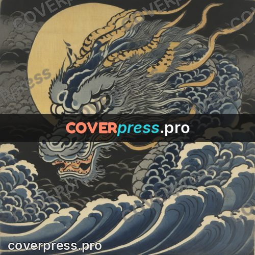 Ukiyo-e artwork: golden dragon above the water