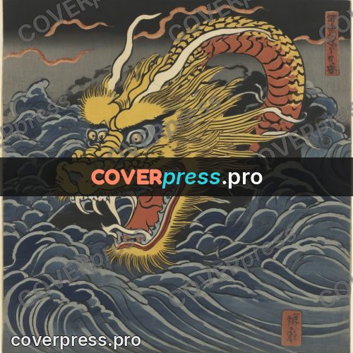 Ukiyo-e artwork: golden dragon above the water