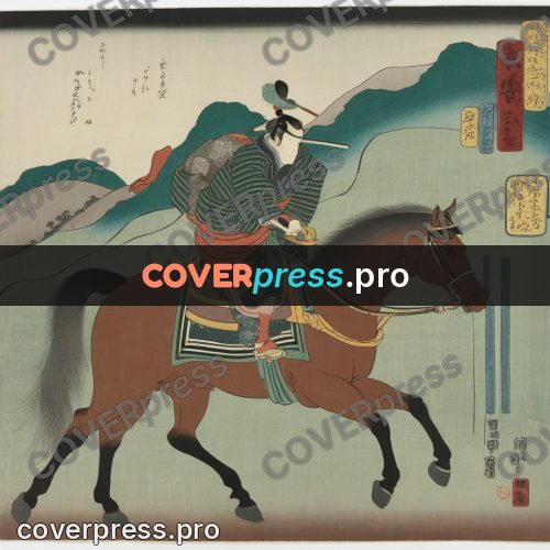 Ukiyo-e artwork: rider on a dark horse