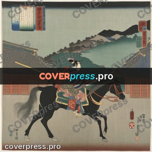 Ukiyo-e artwork: rider on a dark horse