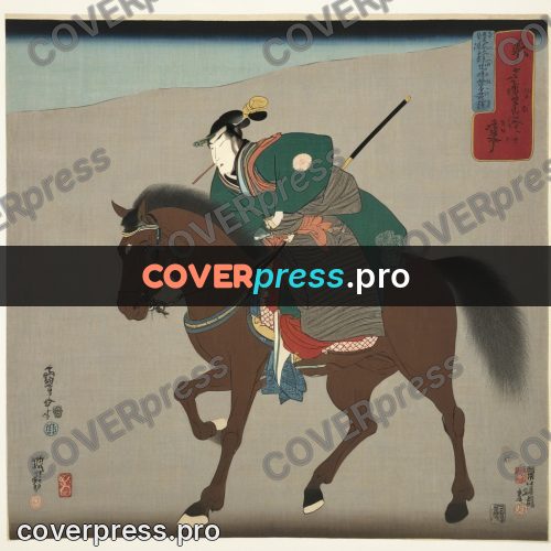 Ukiyo-e artwork: rider on a dark horse
